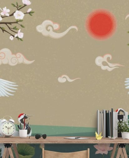 neljä japanilainen nosturit kukkii tapetti