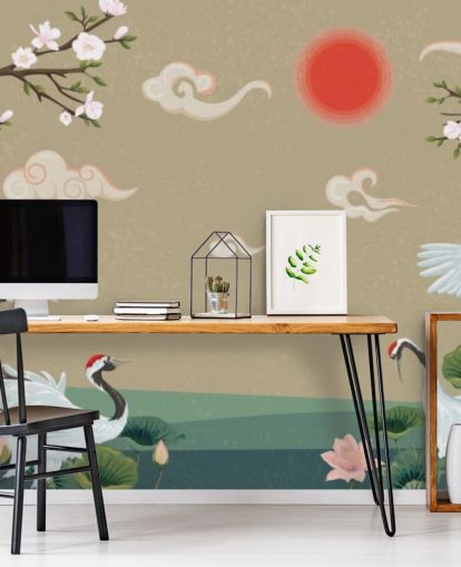 vier japanse kranen met bloesems behang