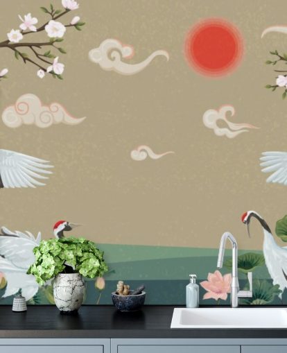 vier japanische Kraniche mit Blüten Tapete