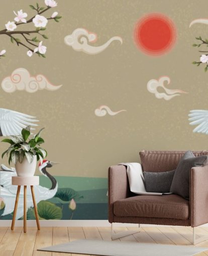 papier peint quatre grues japonaises avec des fleurs