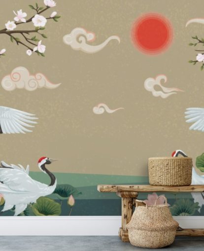 fondo de pantalla de cuatro grullas japonesas con flores fondo de pantalla de cuatro grullas japonesas con flores