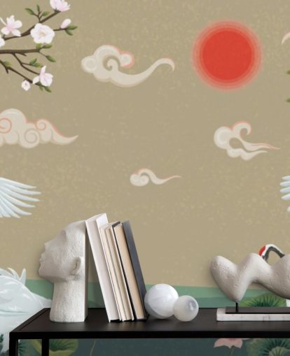 vier japanische Kraniche mit Blüten Tapete