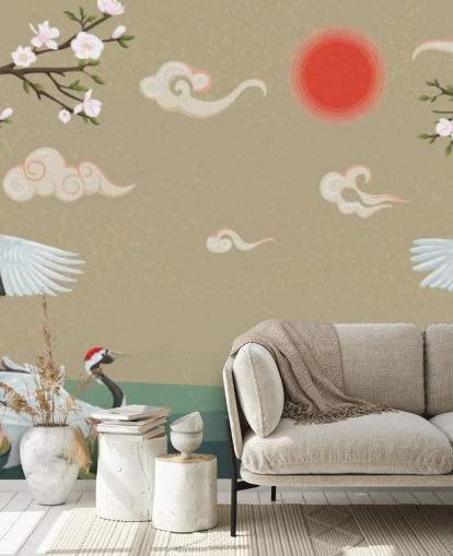 papier peint quatre grues japonaises avec des fleurs