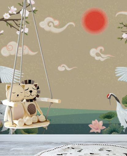 neljä japanilainen nosturit kukkii tapetti