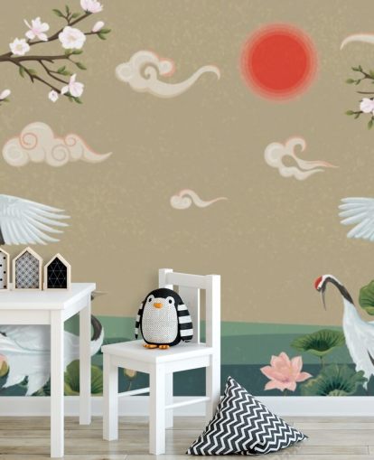 quatro guindastes japoneses com flores papel de parede