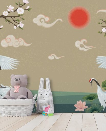 neljä japanilainen nosturit kukkii tapetti