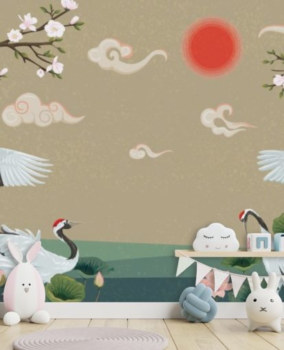quatro guindastes japoneses com flores papel de parede quatro guindastes japoneses com flores papel de parede