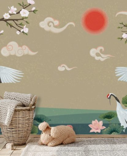 four japanese cranes with blossoms wallpaper