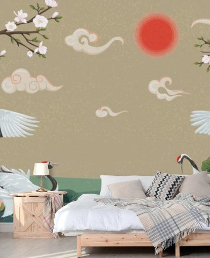 vier japanische Kraniche mit Blüten Tapete