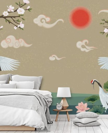 four japanese cranes with blossoms wallpaper