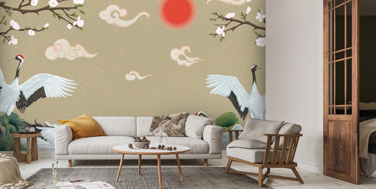 Décoration murale grues japonaises au coucher du soleil | Wallsauce FR