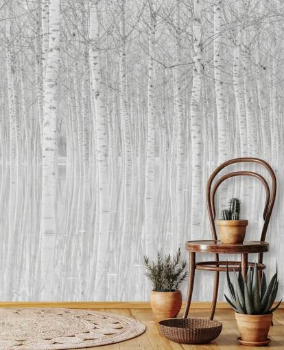 zwart-witte berken bomen in waterbehang