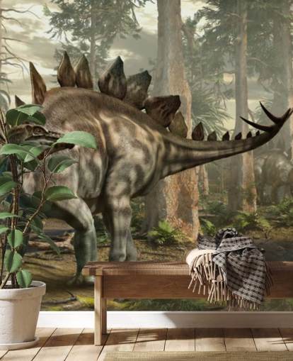 stegosaurus in bos met pakbehang