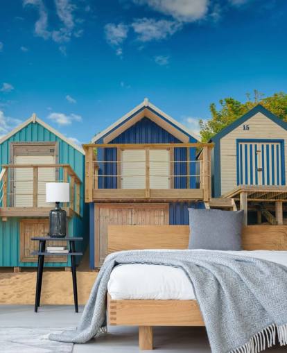 papel de parede azul beach huts papel de parede azul beach huts