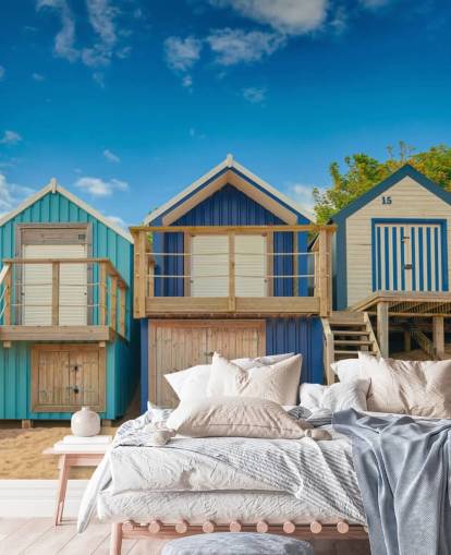 blue beach huts wallpaper