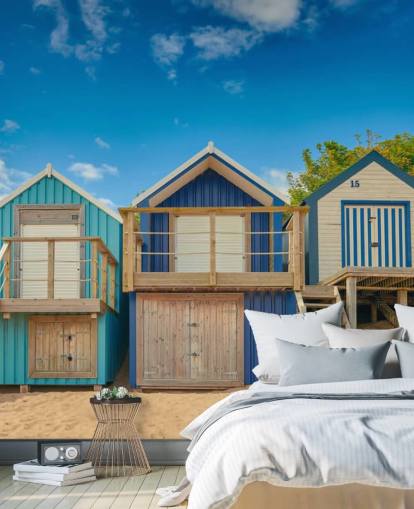 blue beach huts wallpaper