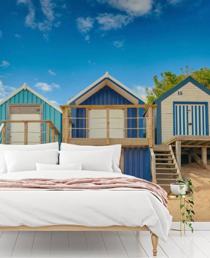 blue beach huts wallpaper