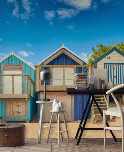 blue beach huts wallpaper