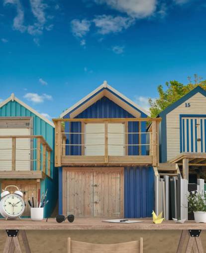 blue beach huts wallpaper
