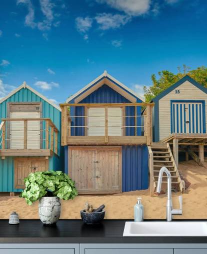 blue beach huts wallpaper