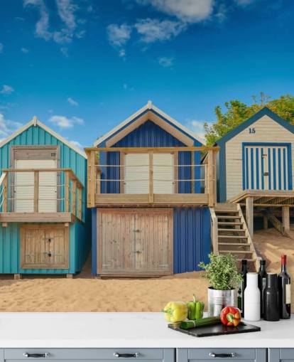 blue beach huts wallpaper