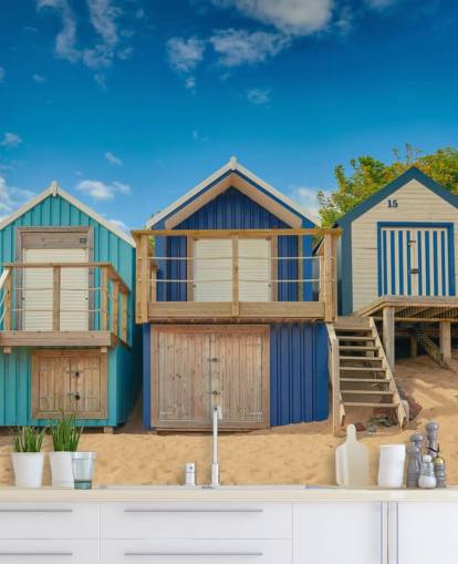 blue beach huts wallpaper