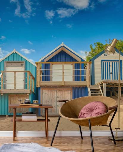 blue beach huts wallpaper