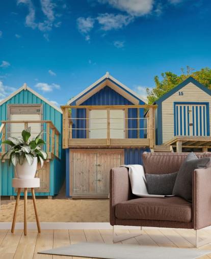 blue beach huts wallpaper