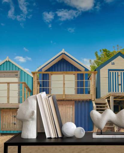 blue beach huts wallpaper