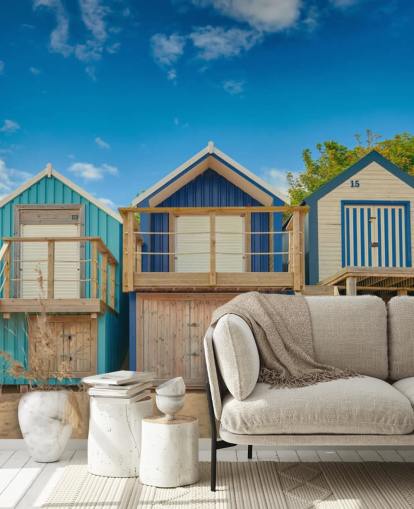 blue beach huts wallpaper