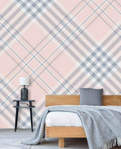 pastellgraue und rosa Tartan-Tapete