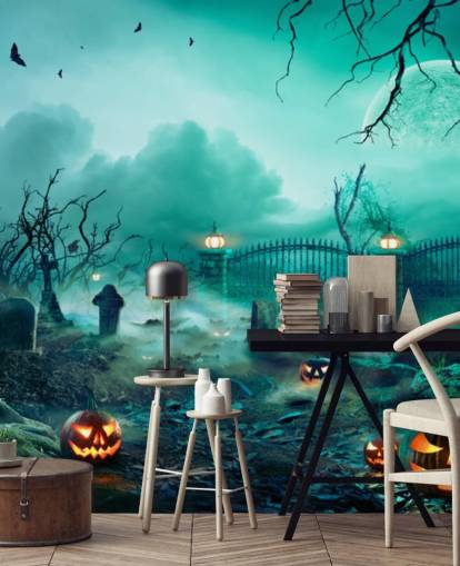 graveyard with trees and pumpkins wallpaper