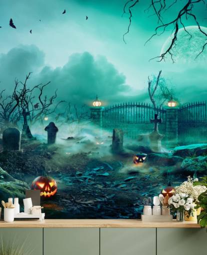 graveyard with trees and pumpkins wallpaper