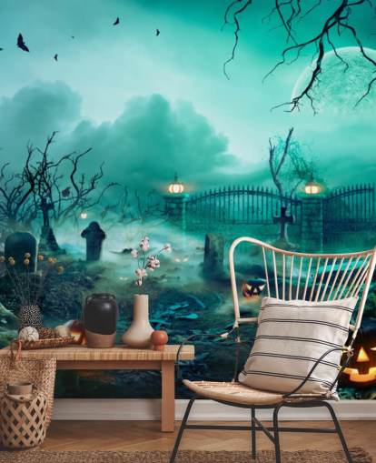 cimitero con carta da parati alberi e zucche