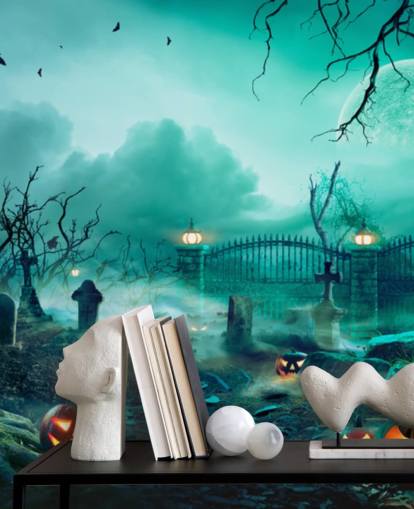 papel pintado cementerio con árboles y calabazas