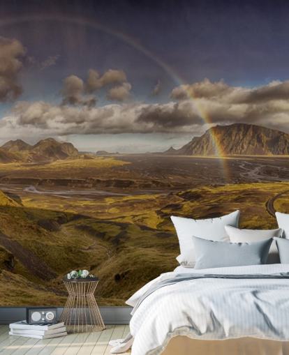 rainbow over hilly landscape wallpaper