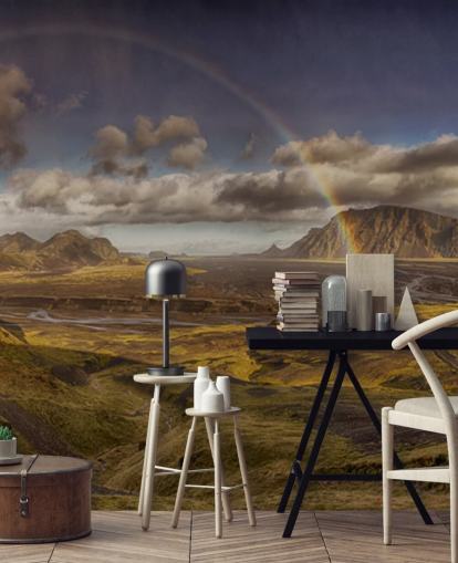 rainbow over hilly landscape wallpaper