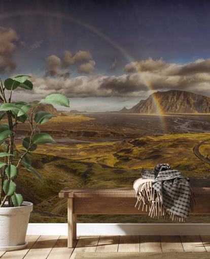 rainbow over hilly landscape wallpaper