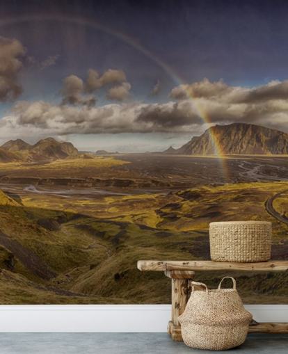 rainbow over hilly landscape wallpaper