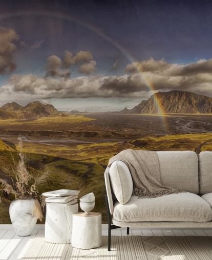 rainbow over hilly landscape wallpaper