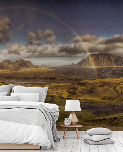 rainbow over hilly landscape wallpaper