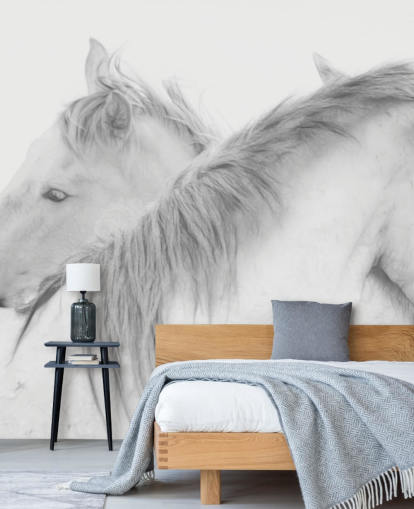 hvide heste tapetmaleri kaldet Horses In White af 1x Photography til soveværelser, spisestuer og badeværelser