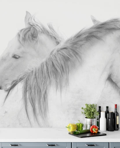 hvide heste tapetmaleri kaldet Horses In White af 1x Photography til soveværelser, spisestuer og badeværelser