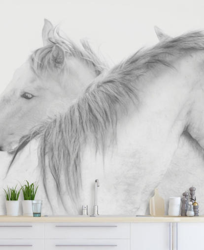 valkoisten hevosten taustakuvamaalaus nimeltä Horses In White by 1x Photography makuuhuoneisiin, ruokasaleihin ja kylpyhuoneisiin