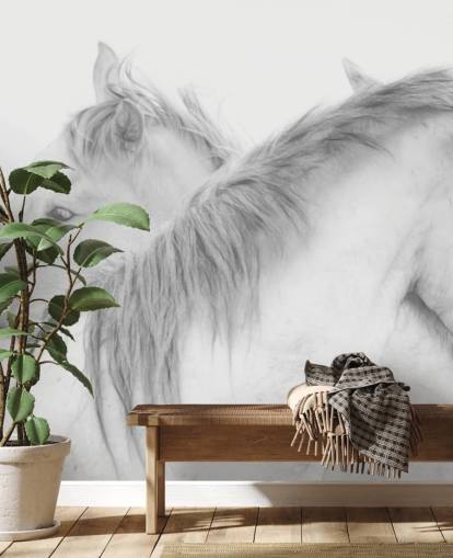 witte paarden behangmuurschildering genaamd Horses In White van 1x Photography voor slaapkamers, eetkamers en badkamers witte paarden behangmuurschildering genaamd Horses In White van 1x Photography voor slaapkamers, eetkamers en badkamers