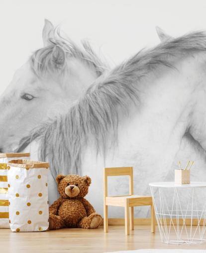 mural de papel de parede de cavalos brancos chamado Horses In White by 1x Photography para quartos, salas de jantar e banheiros
