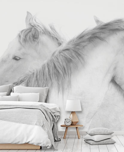 white horses wallpaper mural called Horses In White by 1x Photography for bedrooms, dining rooms and bathrooms