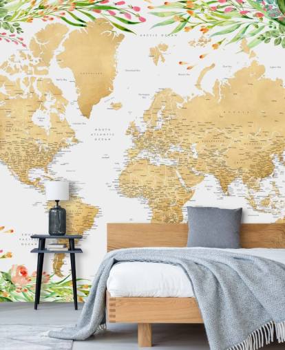 pink and green greenery framing a world map wallpaper