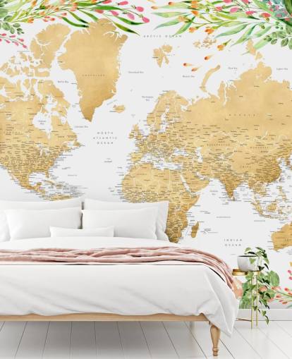 pink and green greenery framing a world map wallpaper