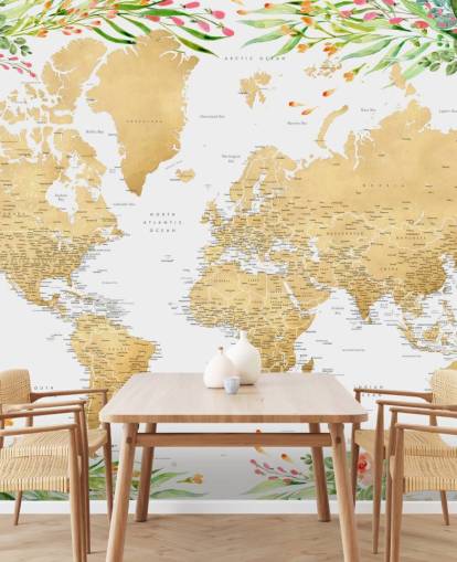 pink and green greenery framing a world map wallpaper